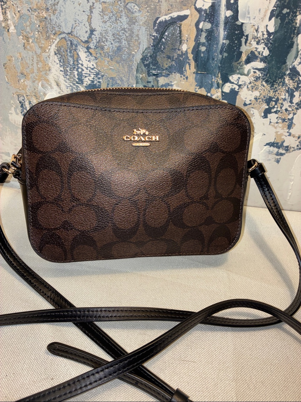 Genuine Coach Brown Signature Crossbody with Gold Logo Camera Bag
